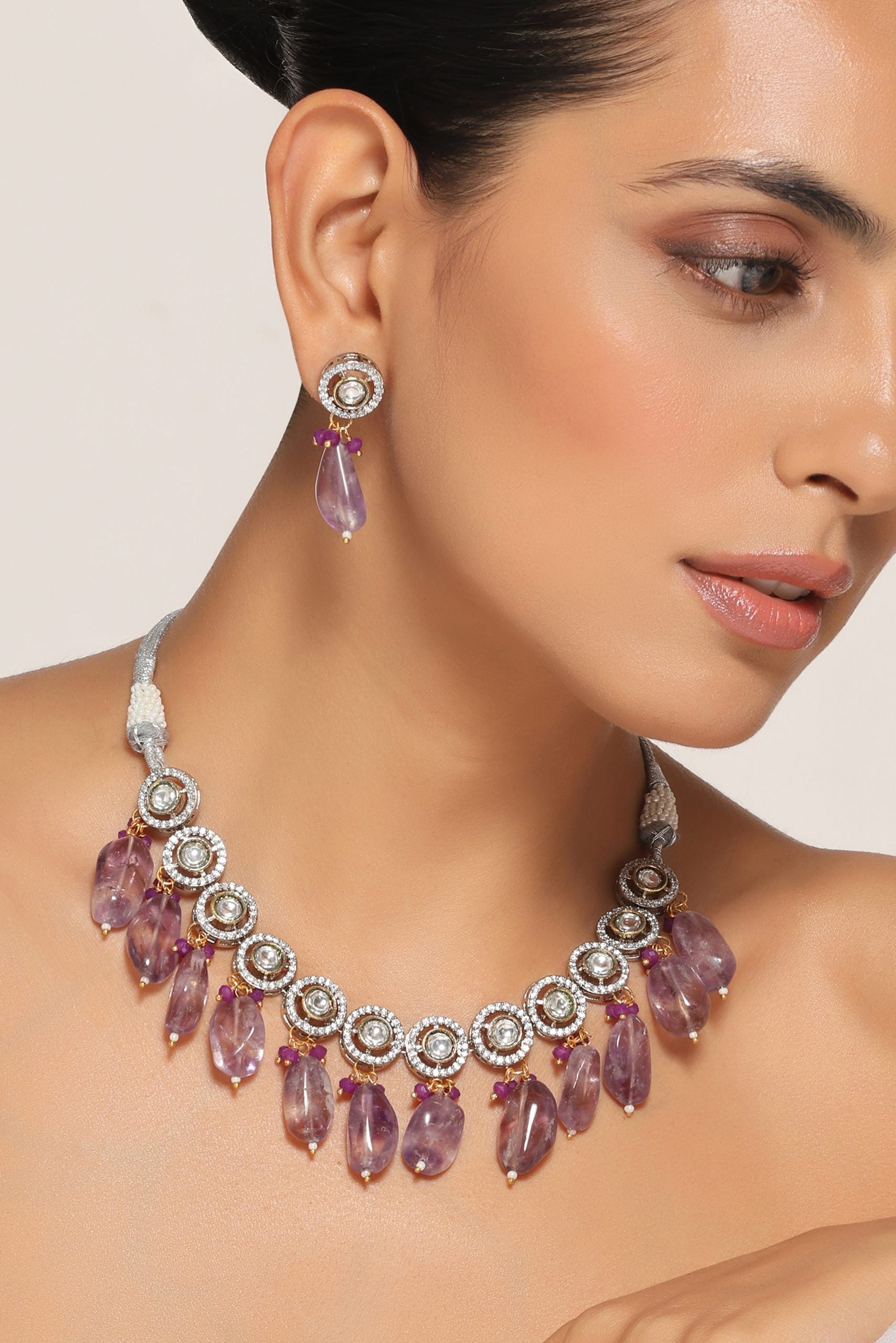 Purple Silver Tone Zirconia Necklace Set