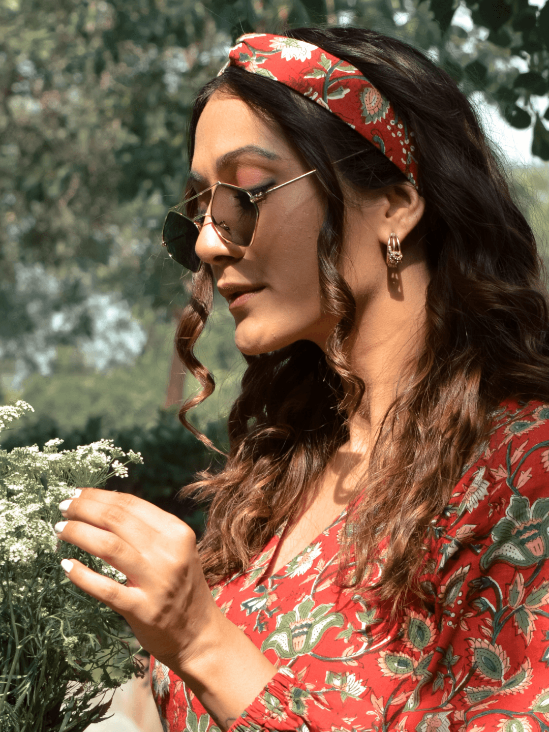 Red Floral Cotton Block Print Bandana - trueBrowns