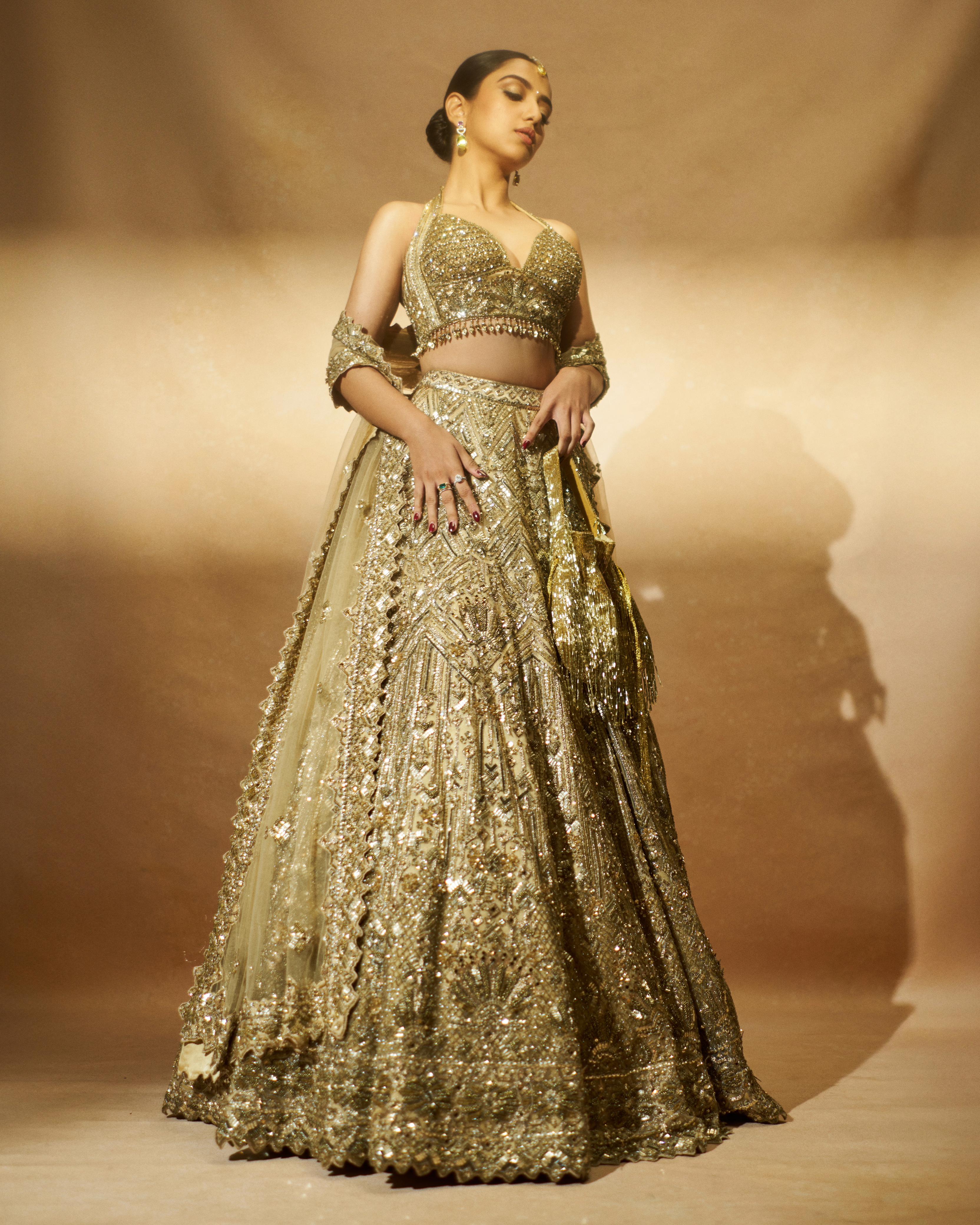 Gold Tulle Lehenga Choli Set with Intricate Antique Dori Embroidery