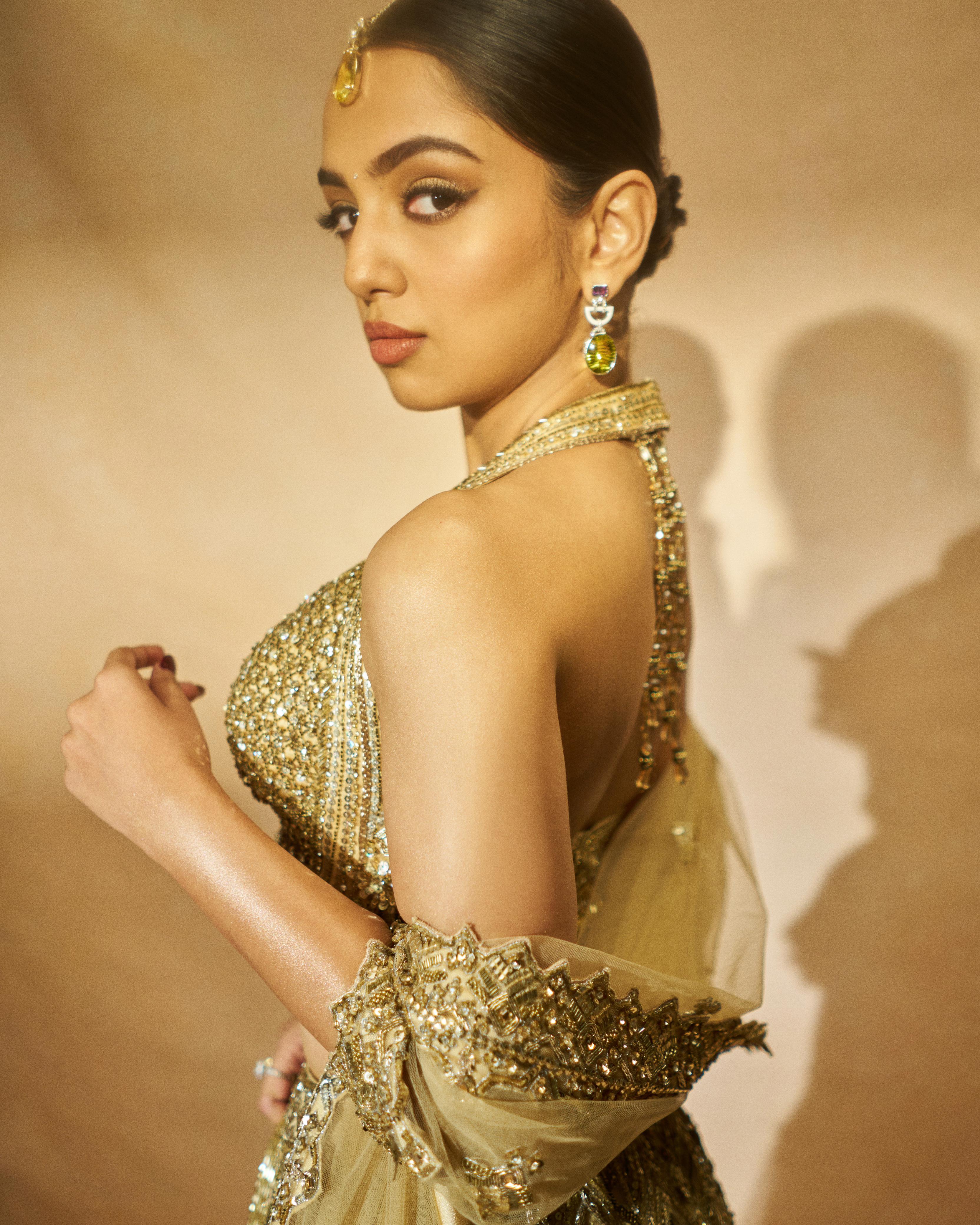 Gold Tulle Lehenga Choli Set with Intricate Antique Dori Embroidery