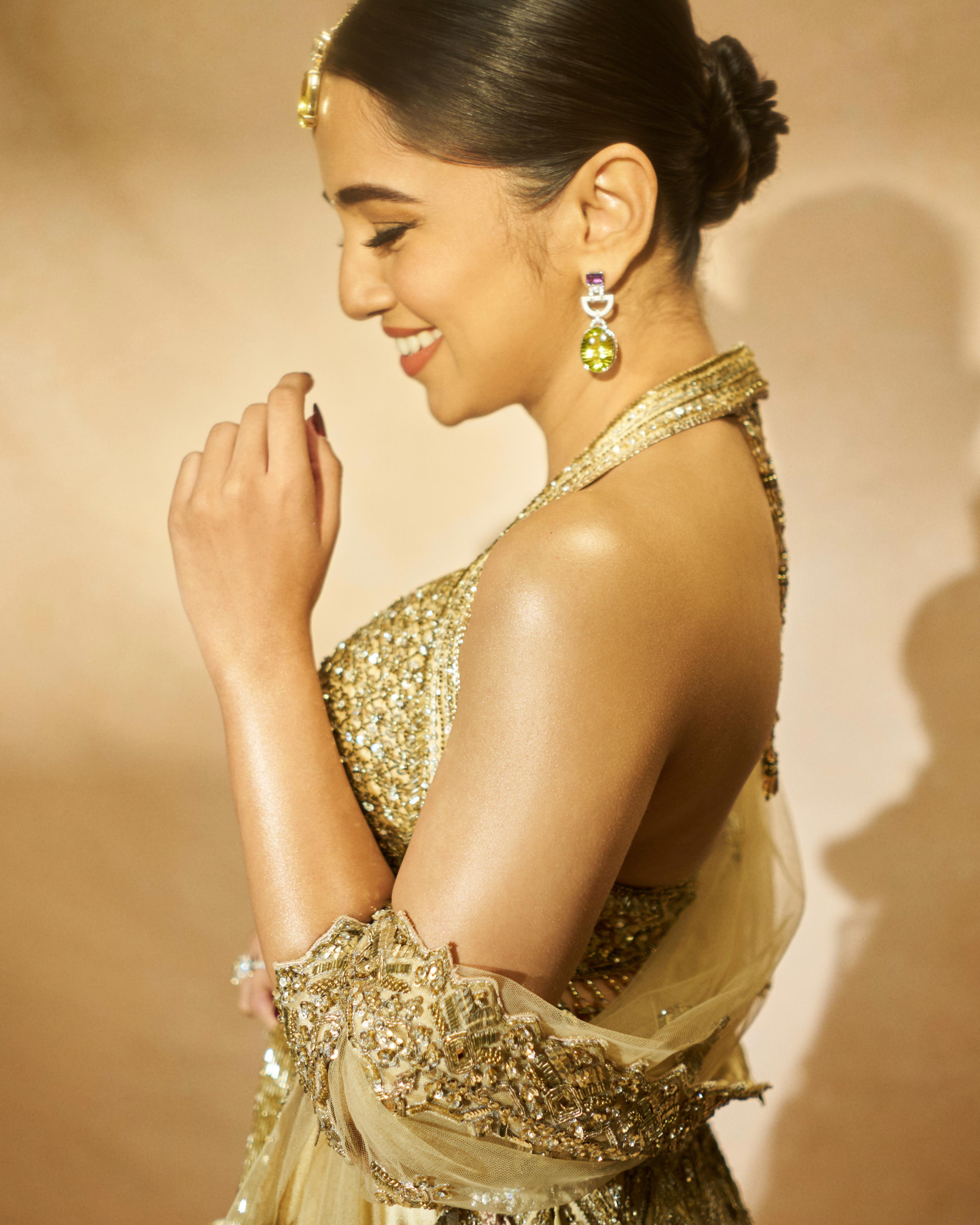 Gold Tulle Lehenga Choli Set with Intricate Antique Dori Embroidery