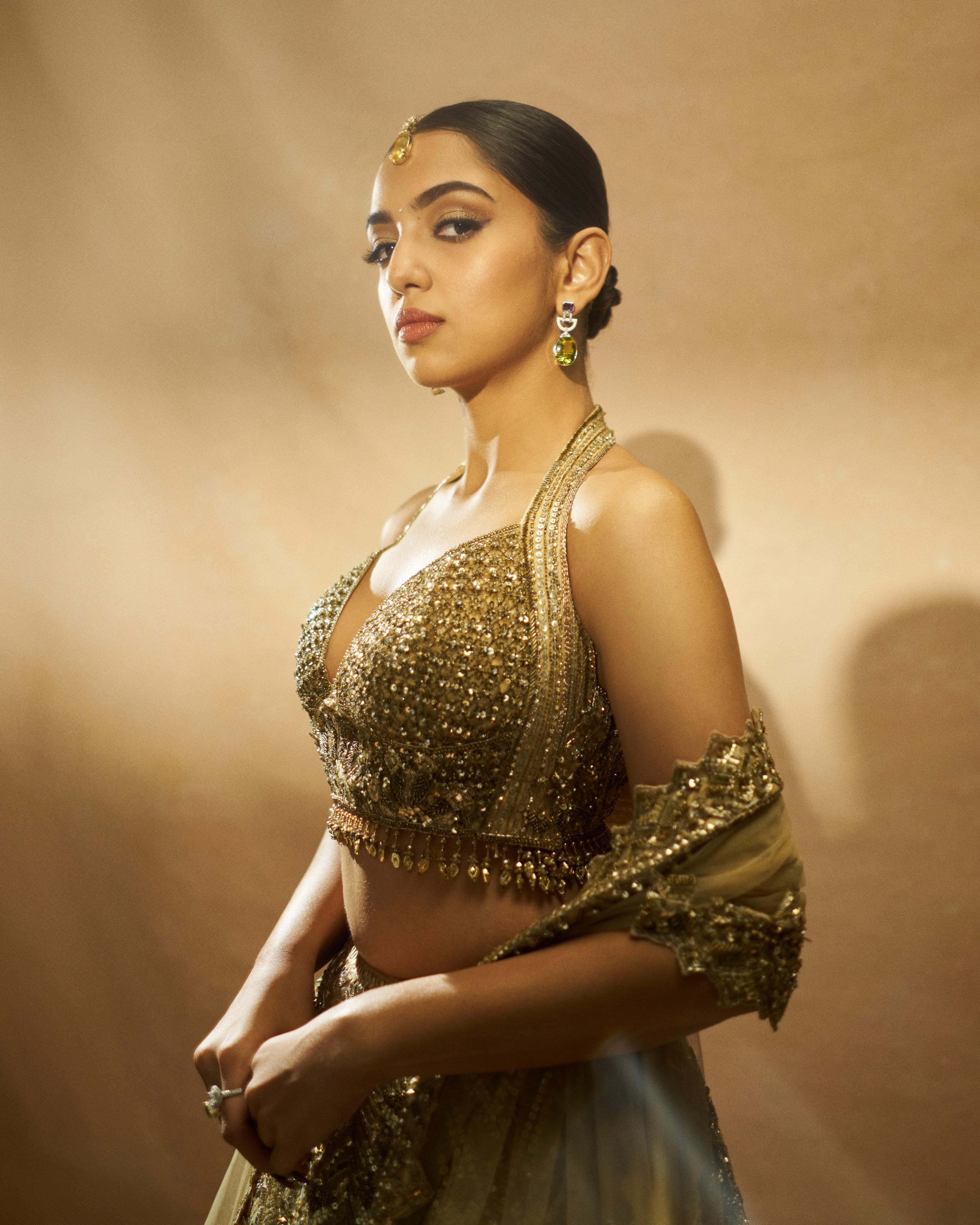 Gold Tulle Lehenga Choli Set with Intricate Antique Dori Embroidery