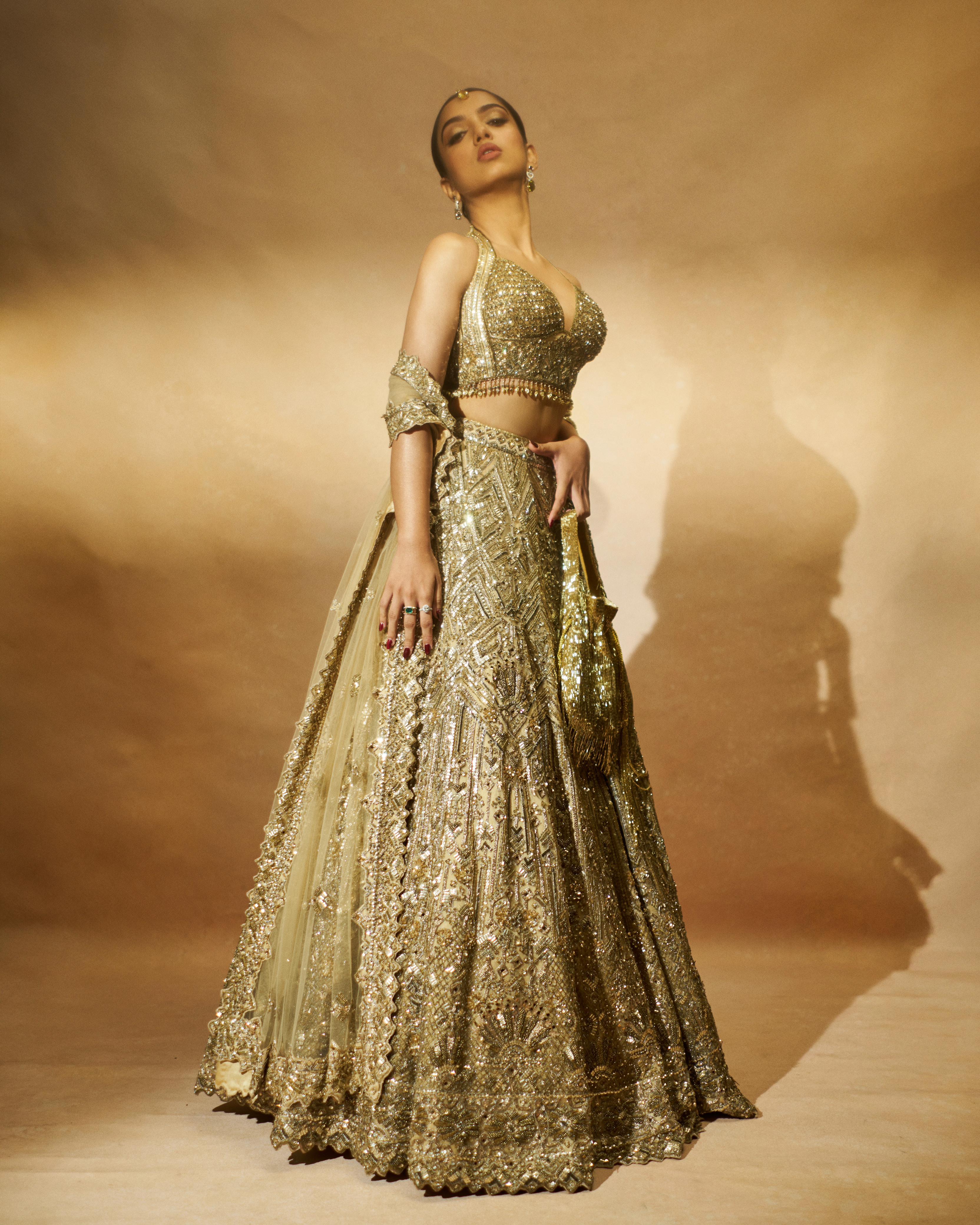 Gold Tulle Lehenga Choli Set with Intricate Antique Dori Embroidery