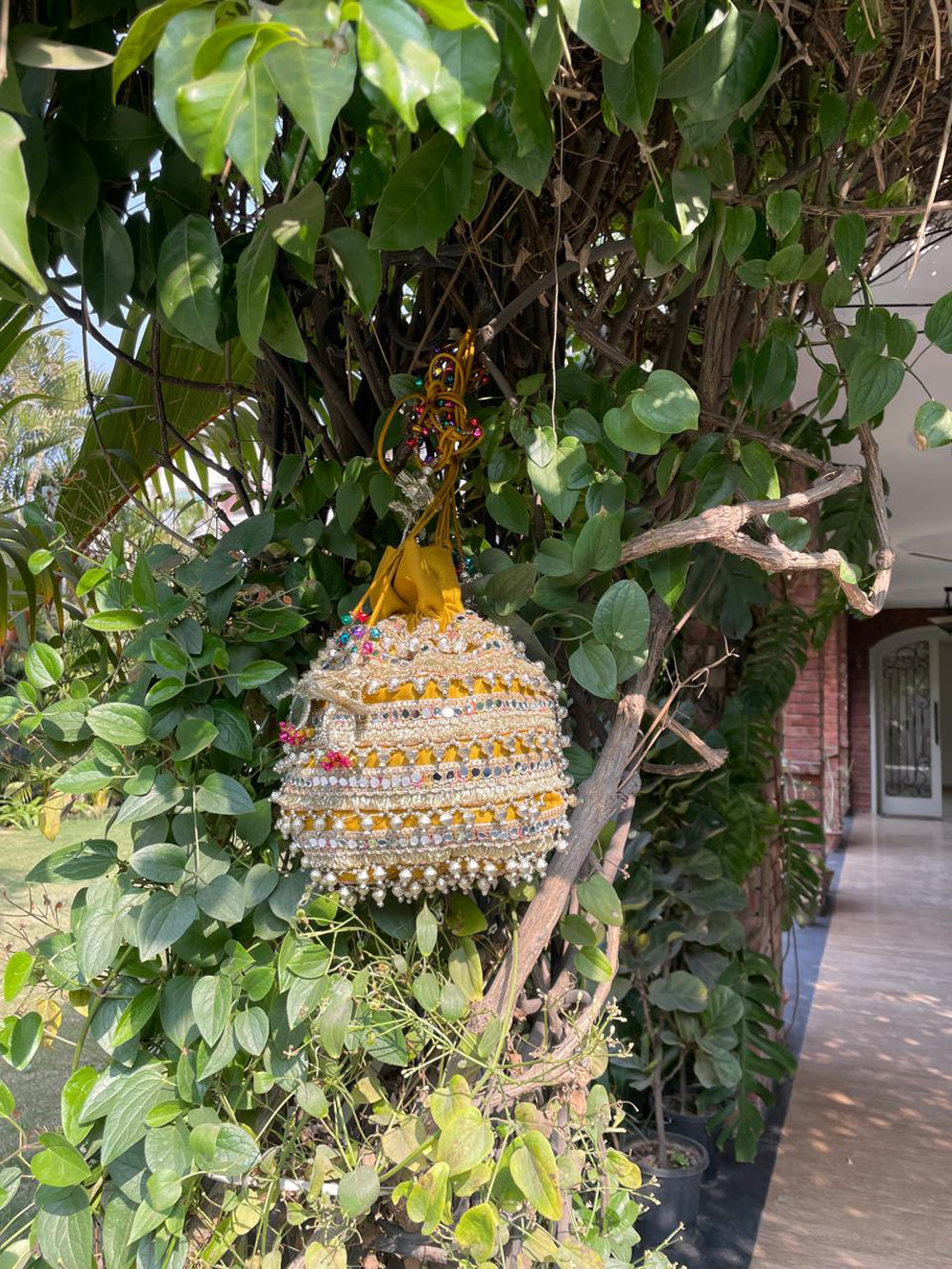 Mustard Croma Potli Bag with Mirror Work and Pearl Accents