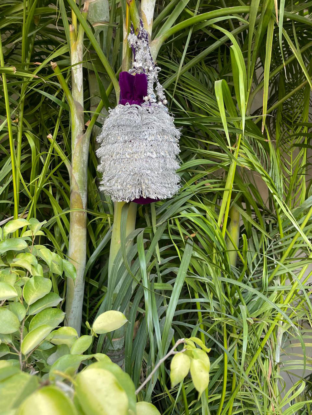 Purple Velvet Potli Bag with Shimmering Silver Fringe & Sequins