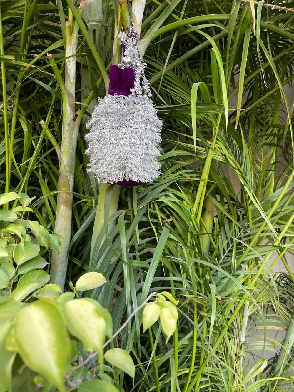 Purple Velvet Potli Bag with Shimmering Silver Fringe & Sequins