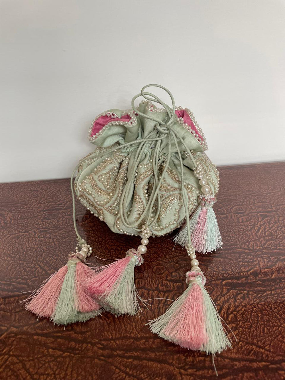 Mint Green Pearl Embroidered Croma Potli Bag for Weddings