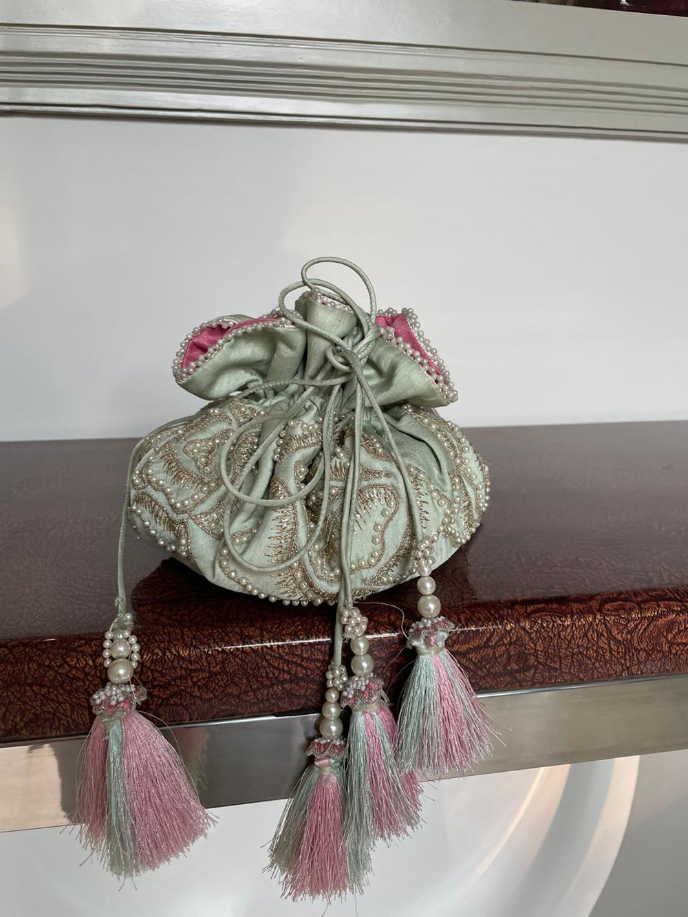Mint Green Pearl Embroidered Croma Potli Bag for Weddings