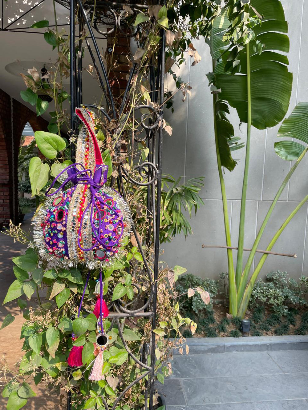Purple Mirror Work Potli Bag with Beads & Metallic Fringes