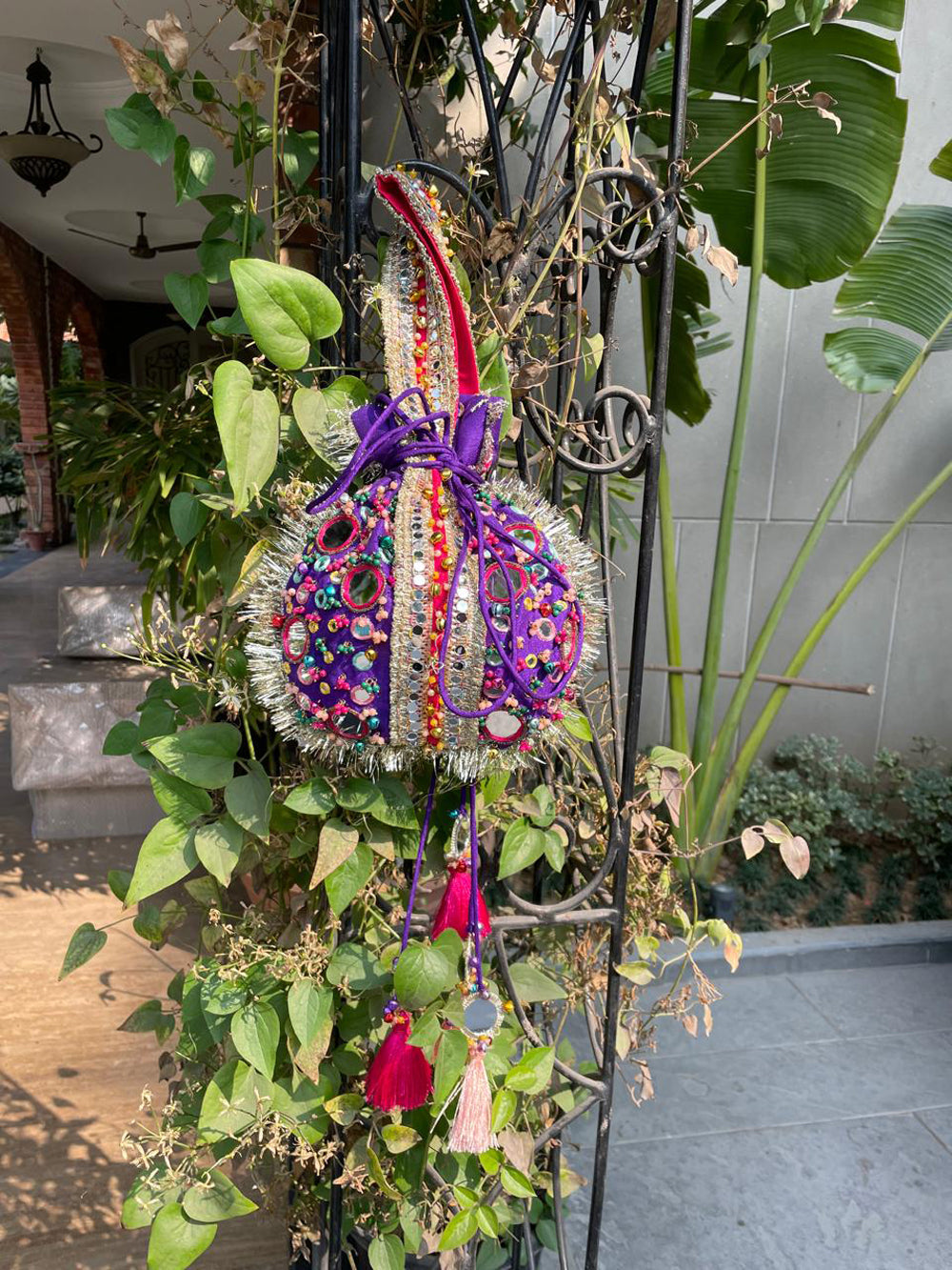 Purple Mirror Work Potli Bag with Beads & Metallic Fringes