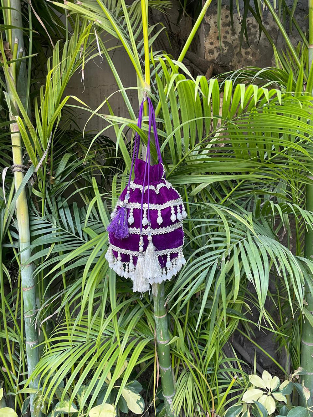 Elegant Purple Velvet Potli Bag with Pearl Detailing for Weddings