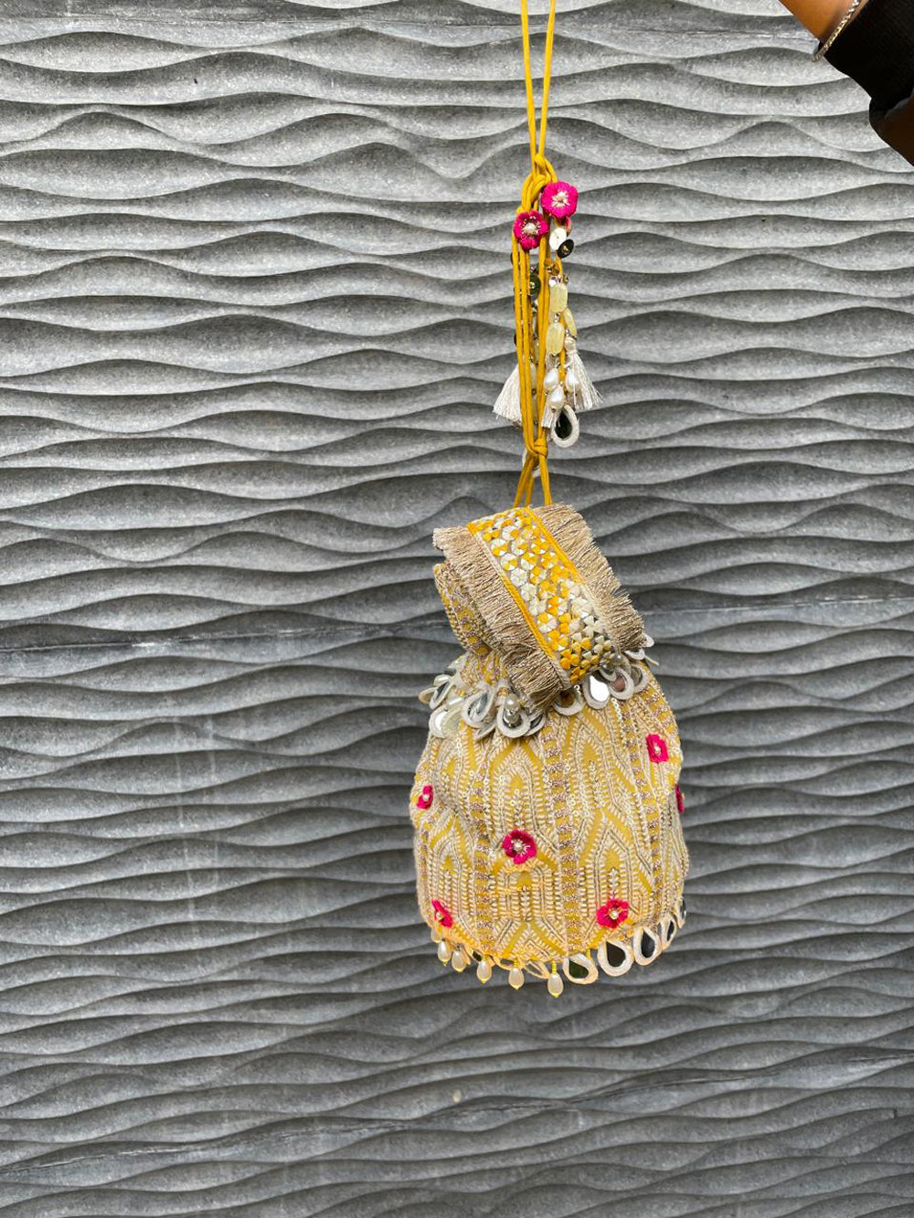 Mustard Yellow Lucknowi Handcrafted Potli Bag with Mirror Accents