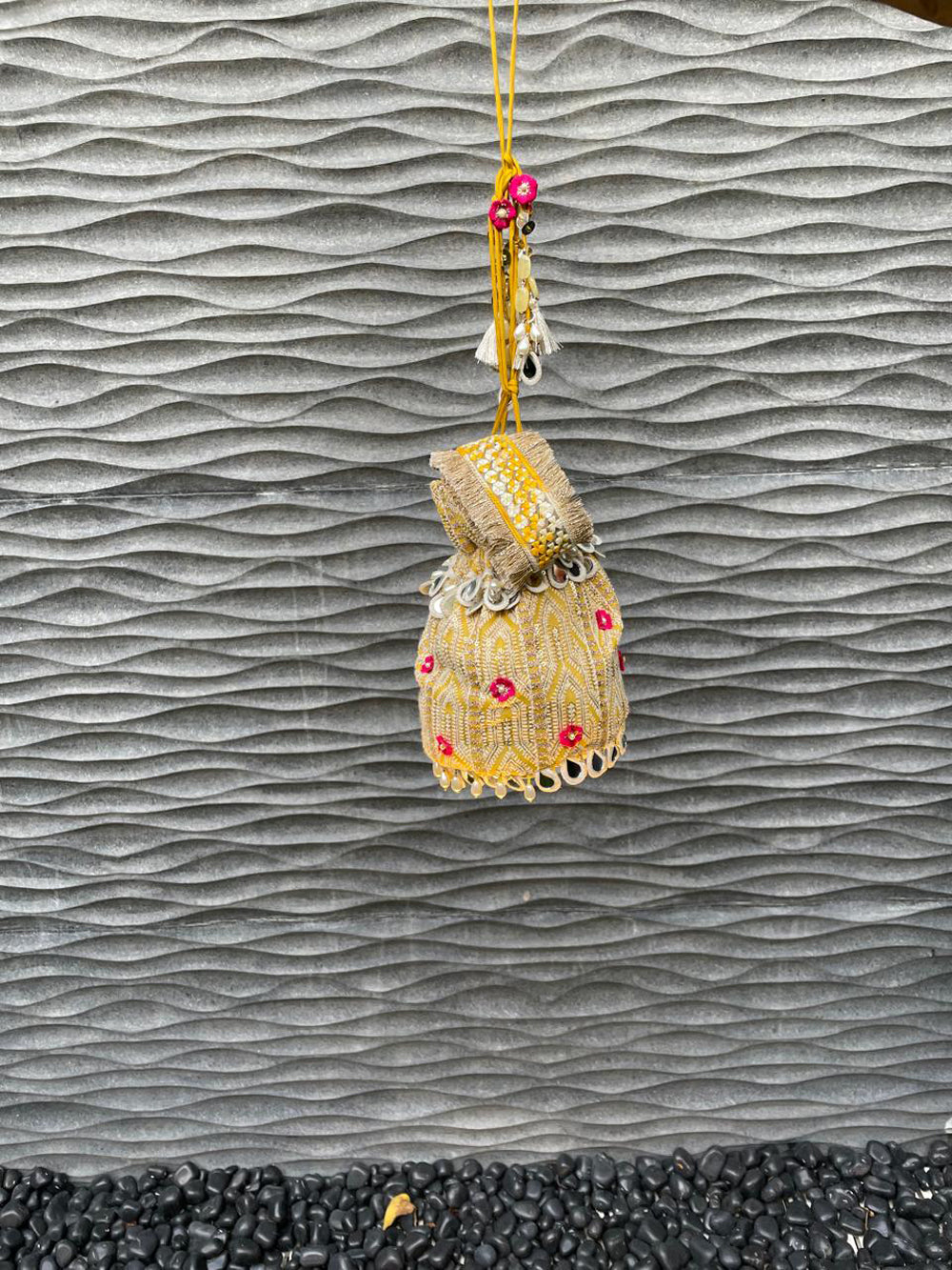Mustard Yellow Lucknowi Handcrafted Potli Bag with Mirror Accents