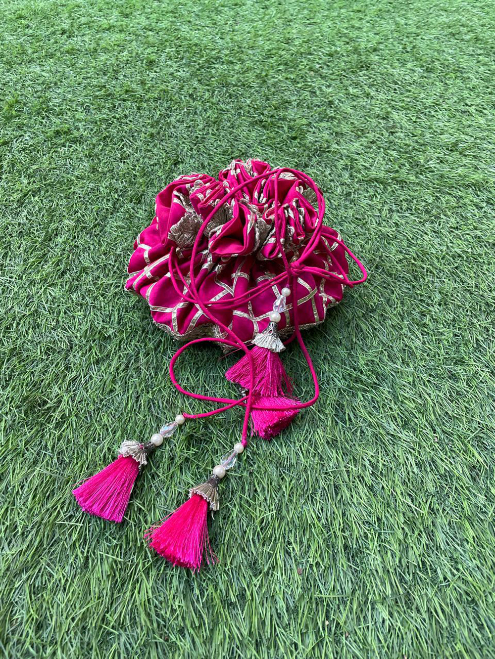 Rani Pink Fuchsia Gota Work Potli Bag for Festive Weddings