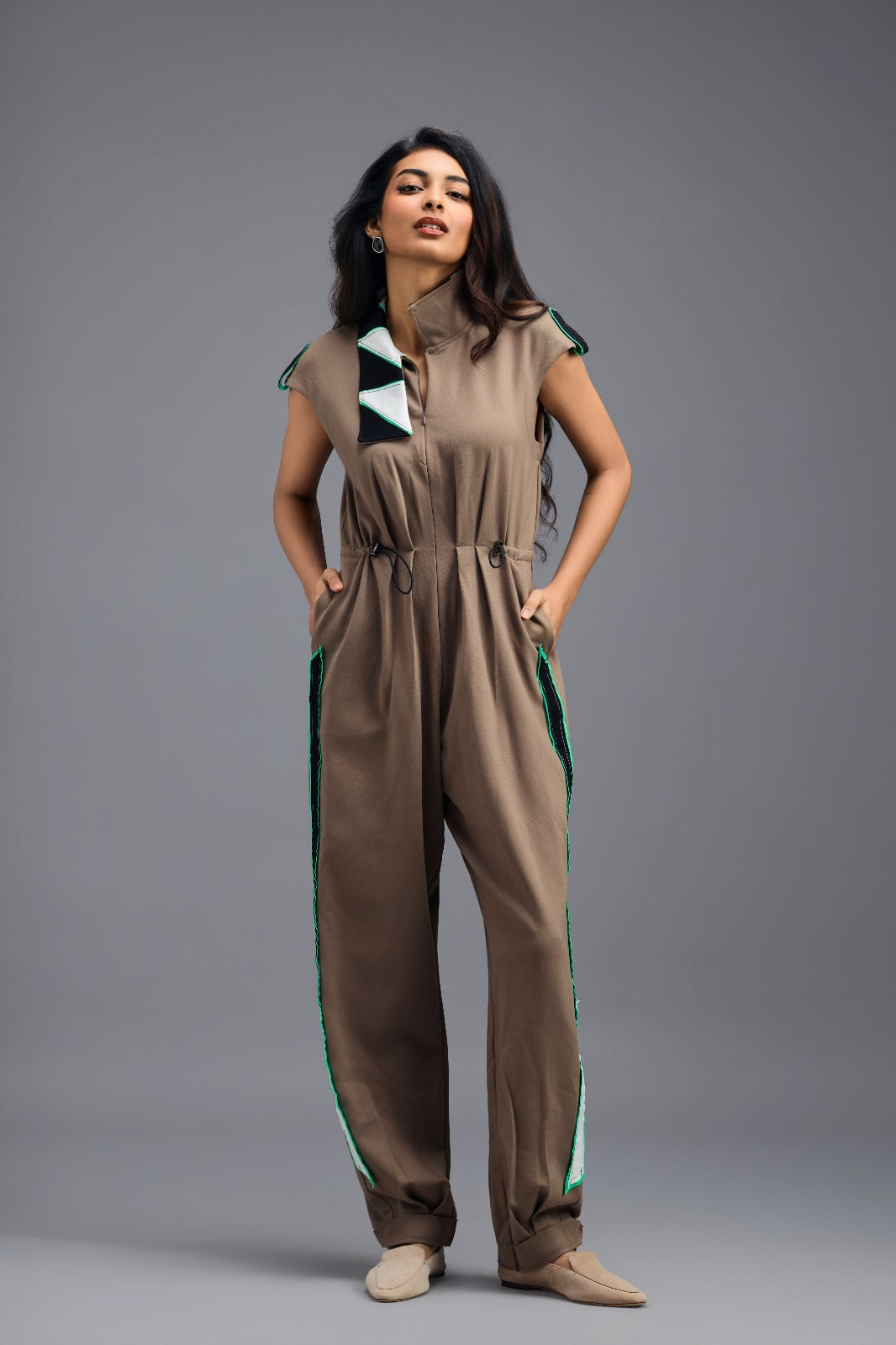 MUD MEGA SLEEVE ZIP-FRONT JUMPSUIT WITH CONTRAST STRIPES