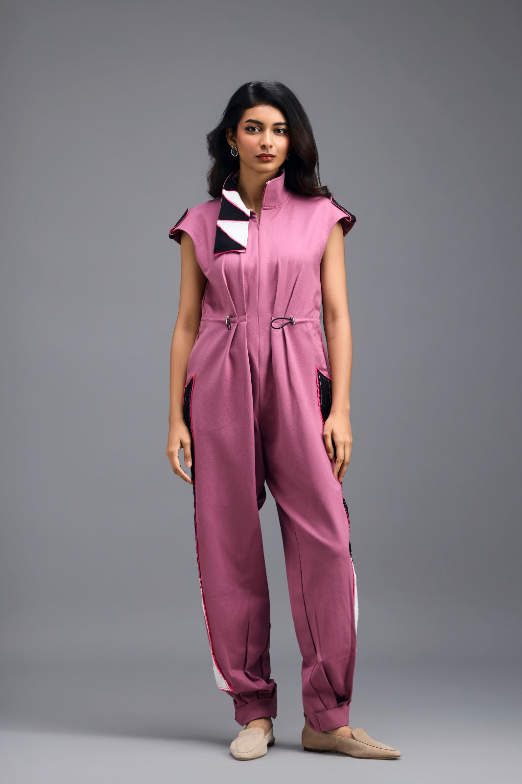PINK DRAWSTRING JUMPSUIT WITH NEON PINK PANEL SIDE DETAIL