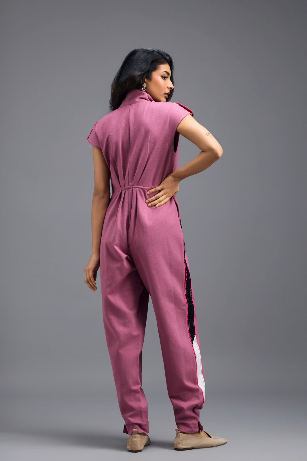 PINK DRAWSTRING JUMPSUIT WITH NEON PINK PANEL SIDE DETAIL