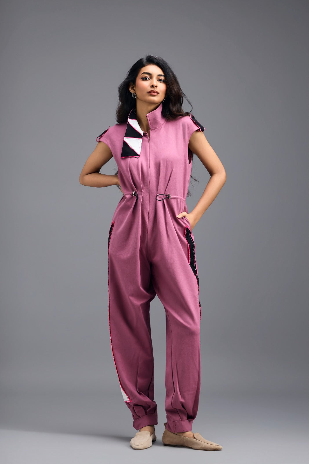 PINK DRAWSTRING JUMPSUIT WITH NEON PINK PANEL SIDE DETAIL