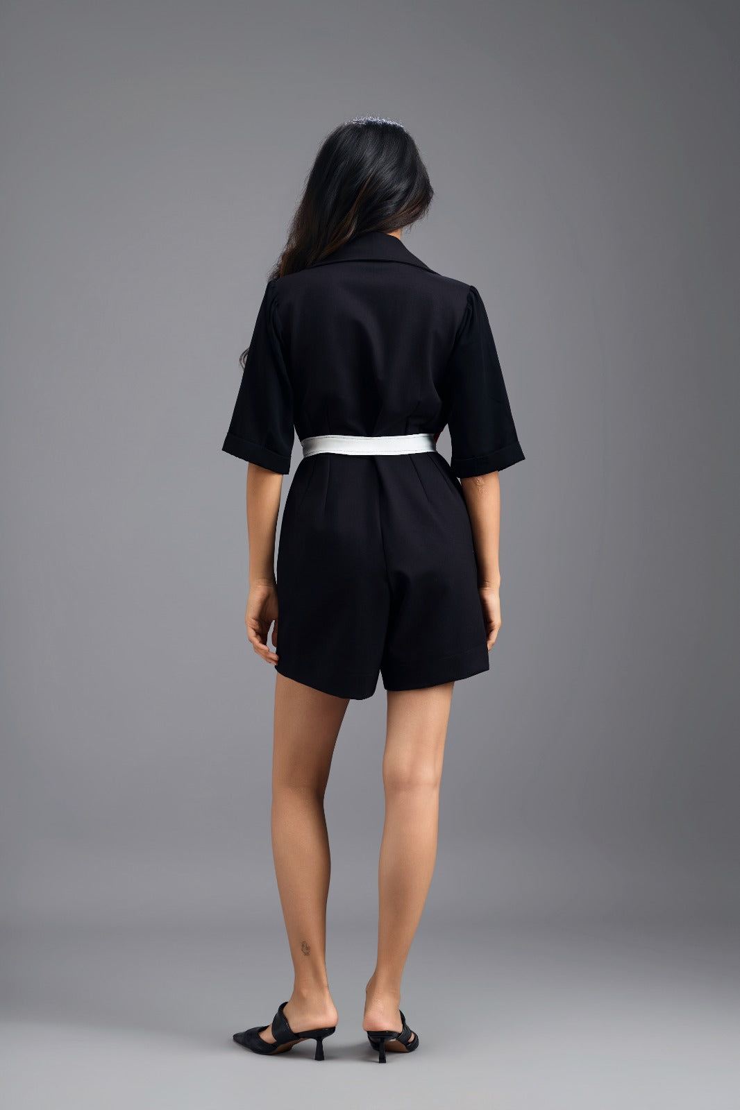 BLACK TAILORED PLAYSUIT WITH NEON COLOUR-BLOCK POCKET PANEL