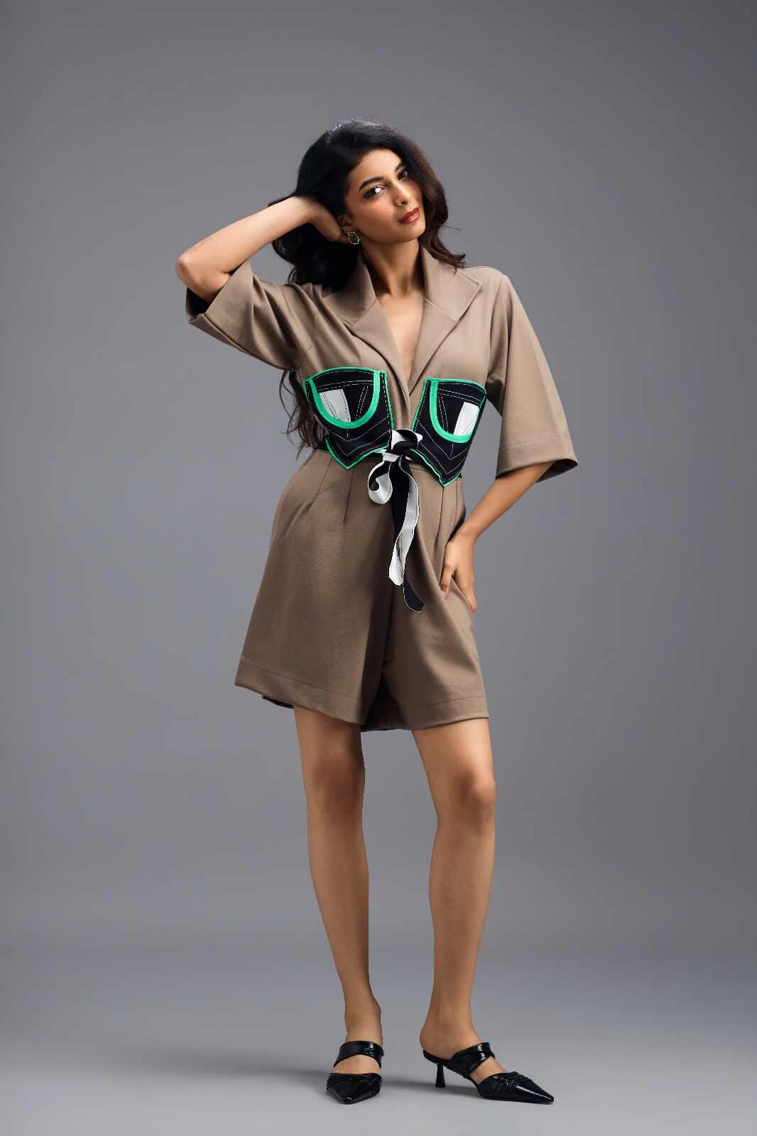 MUD TAILORED PLAYSUIT WITH NEON COLOUR-BLOCK POCKET PANEL