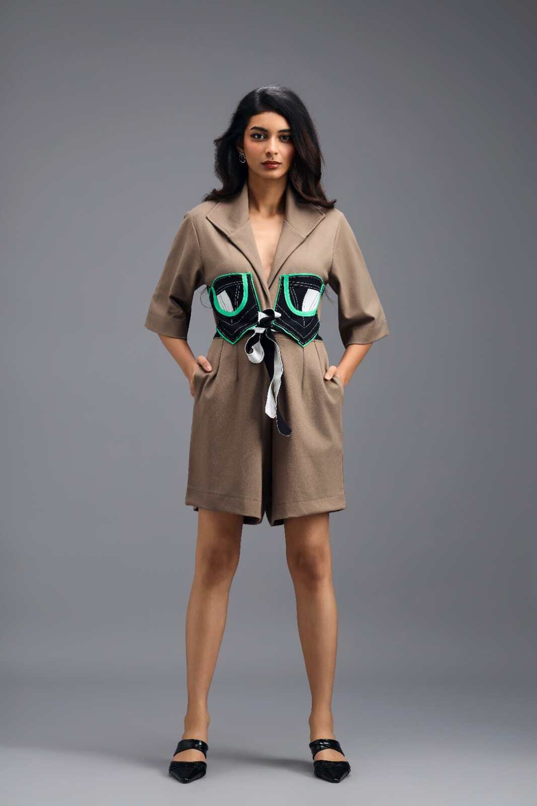 MUD TAILORED PLAYSUIT WITH NEON COLOUR-BLOCK POCKET PANEL