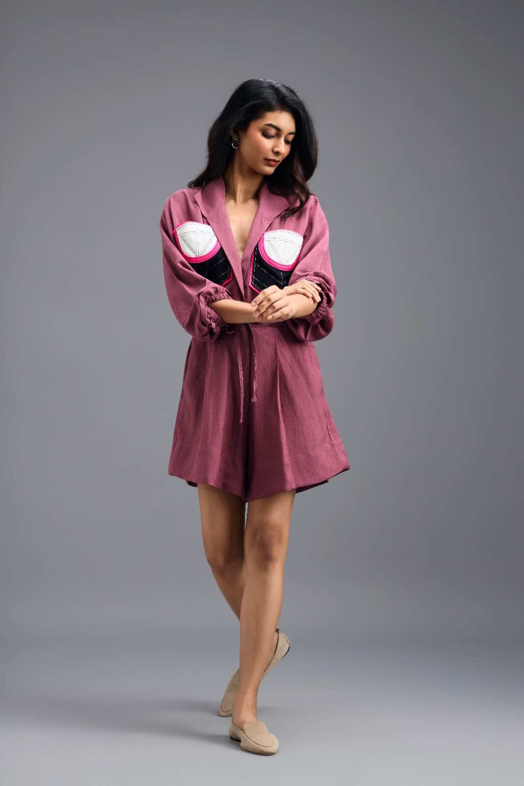 PINK LINEN PLAYSUIT WITH NEON COLOUR-BLOCK POCKET PANEL
