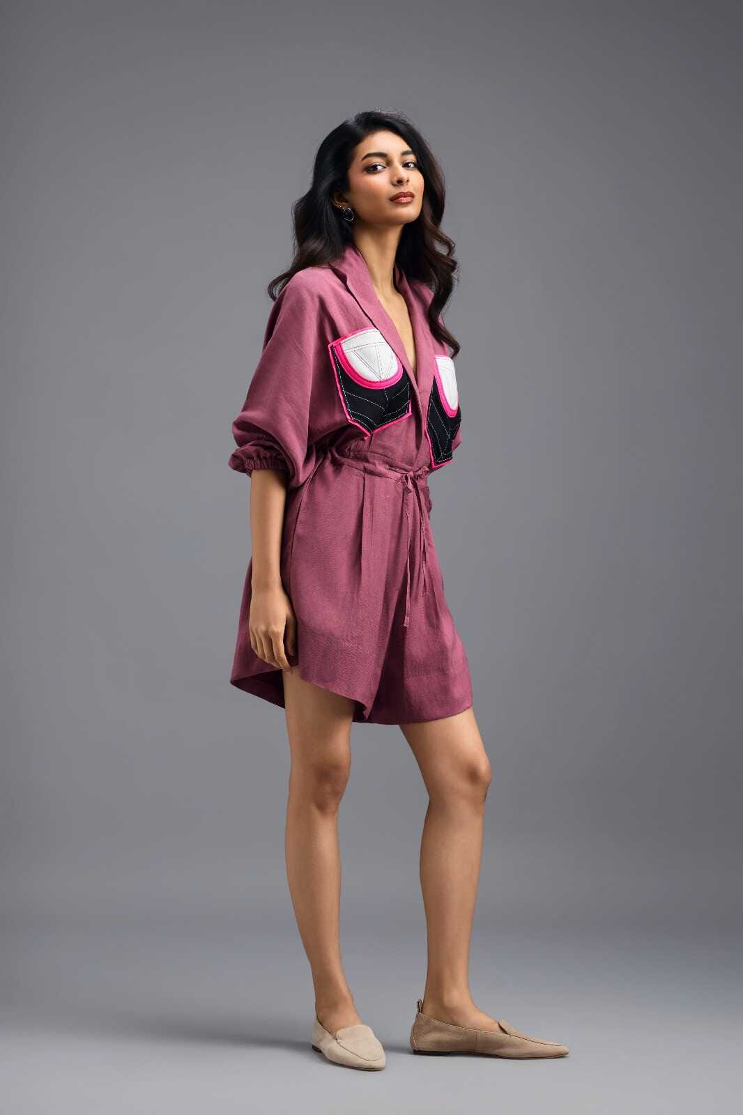 PINK LINEN PLAYSUIT WITH NEON COLOUR-BLOCK POCKET PANEL