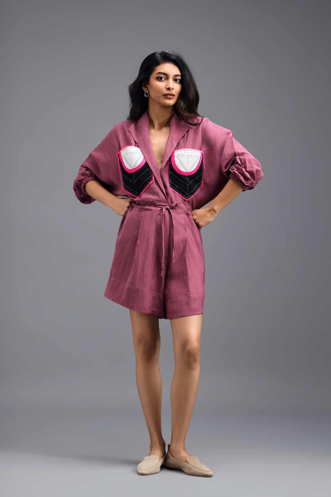 PINK LINEN PLAYSUIT WITH NEON COLOUR-BLOCK POCKET PANEL