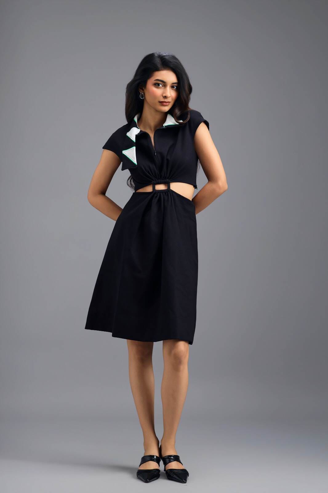 BLACK FIT-AND-FLARE DRESS WITH NEON CONTRAST COLLAR