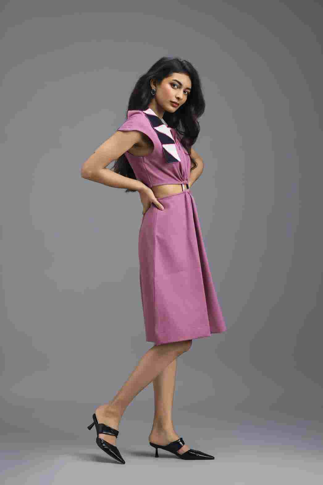 PINK FIT-AND-FLARE DRESS WITH NEON CONTRAST COLLAR