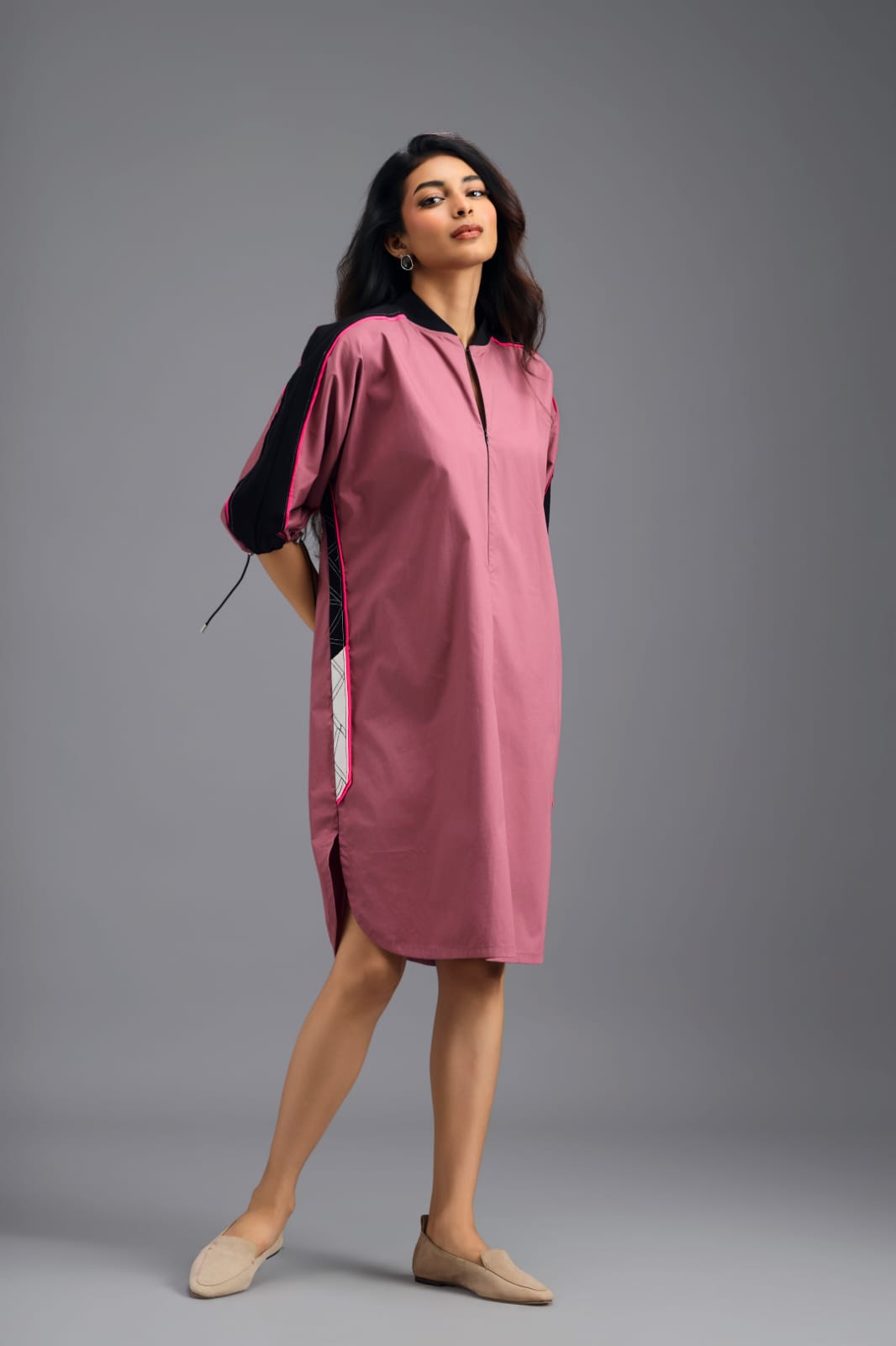 PINK OVERSIZED BOXY DRESS WITH NEON CONTRAST STRIPE