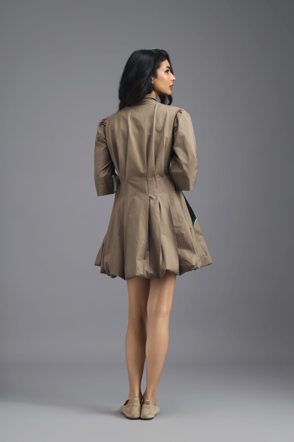 MUD PLEATED MINI DRESS WITH NEON PANELLED SIDE DETAIL AND BUBBLE HEM