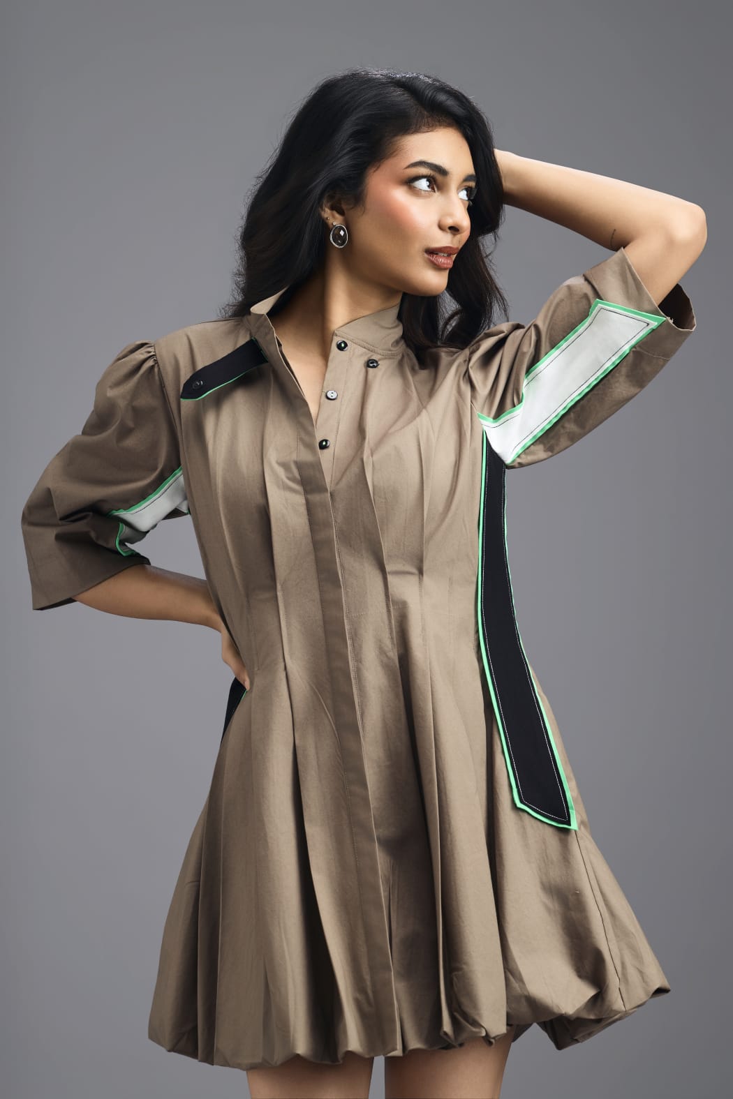 MUD PLEATED MINI DRESS WITH NEON PANELLED SIDE DETAIL AND BUBBLE HEM