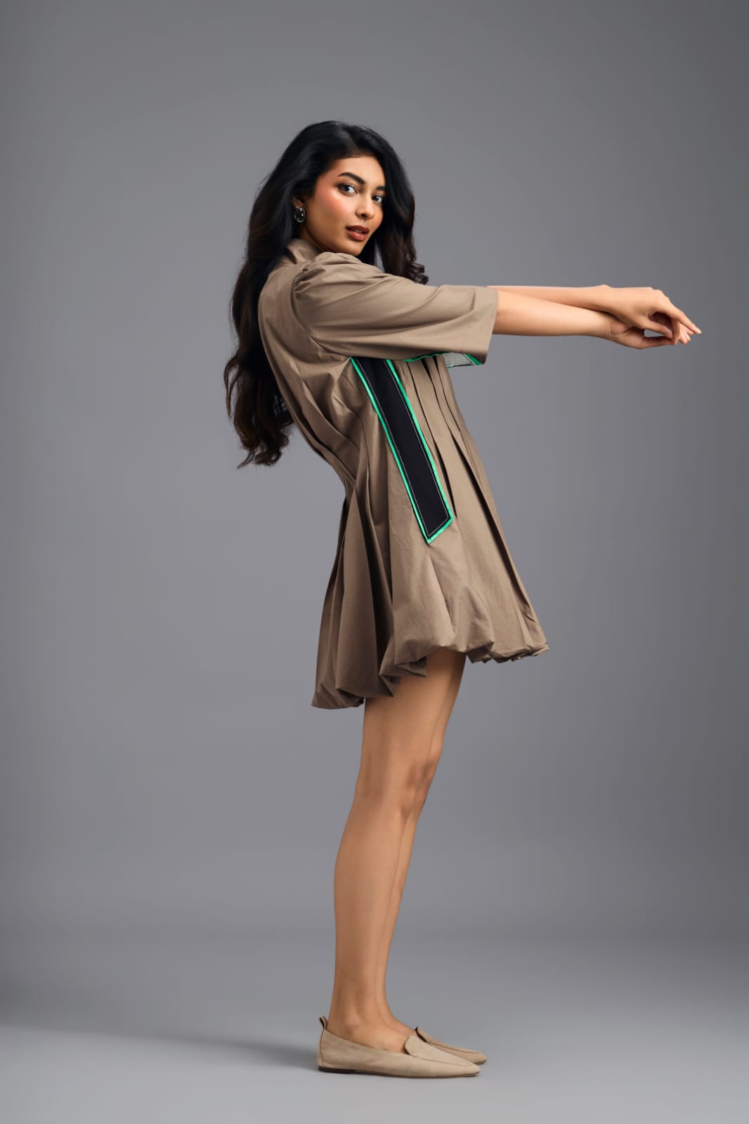 MUD PLEATED MINI DRESS WITH NEON PANELLED SIDE DETAIL AND BUBBLE HEM