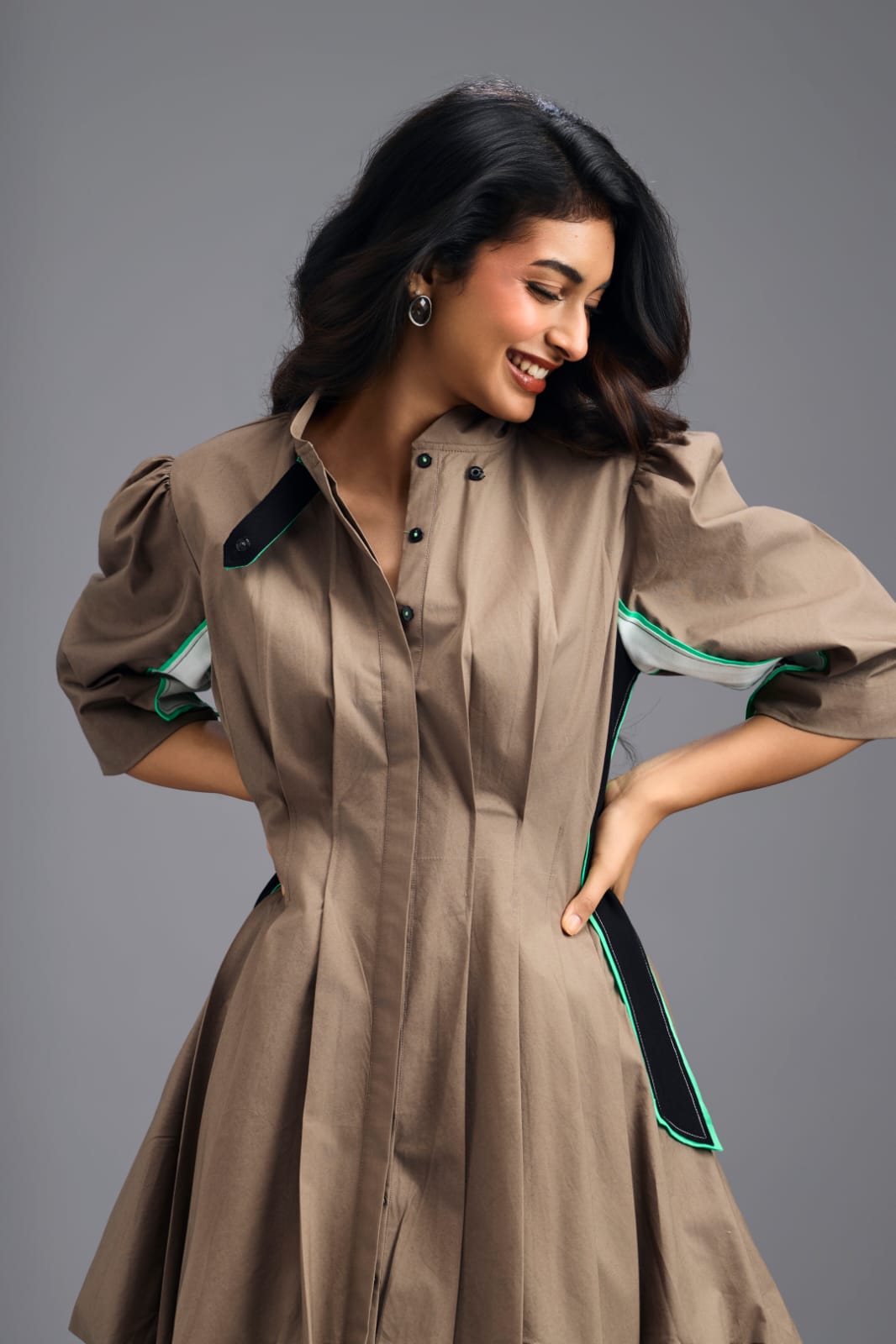 MUD PLEATED MINI DRESS WITH NEON PANELLED SIDE DETAIL AND BUBBLE HEM