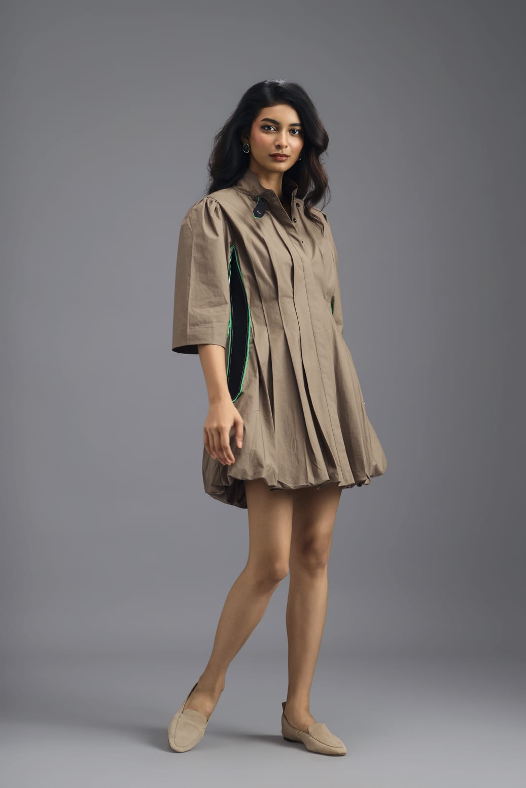 MUD PLEATED MINI DRESS WITH NEON PANELLED SIDE DETAIL AND BUBBLE HEM