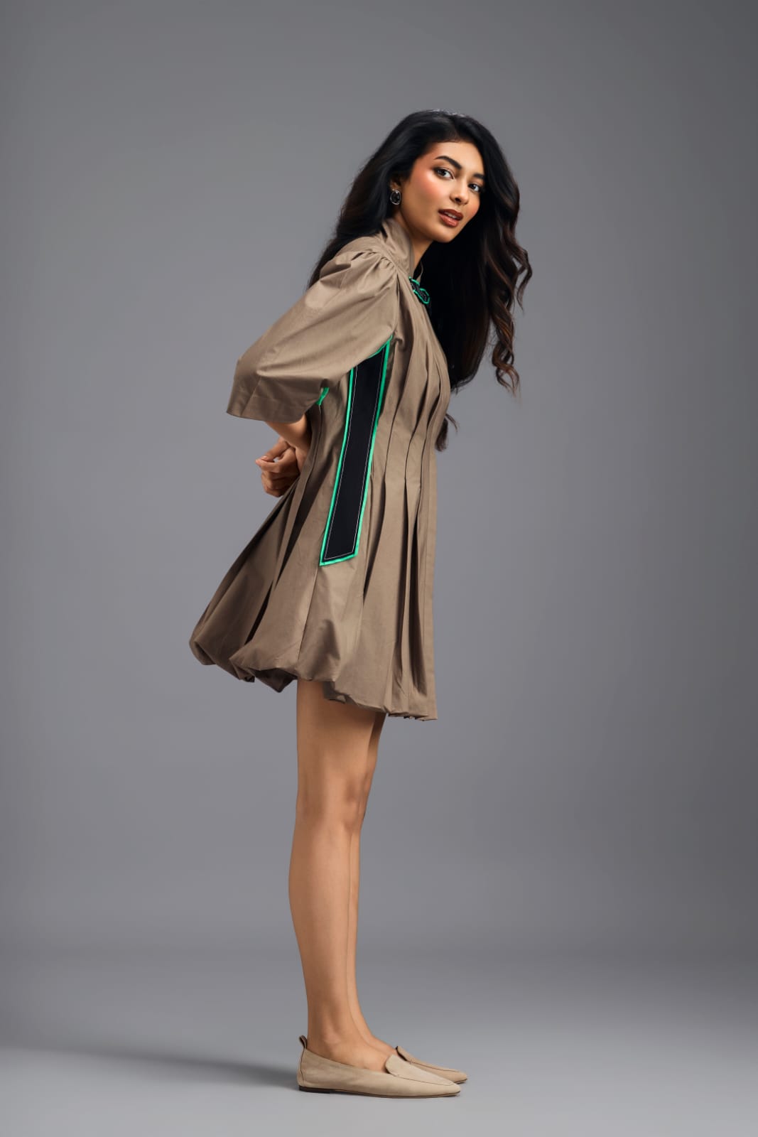 MUD PLEATED MINI DRESS WITH NEON PANELLED SIDE DETAIL AND BUBBLE HEM