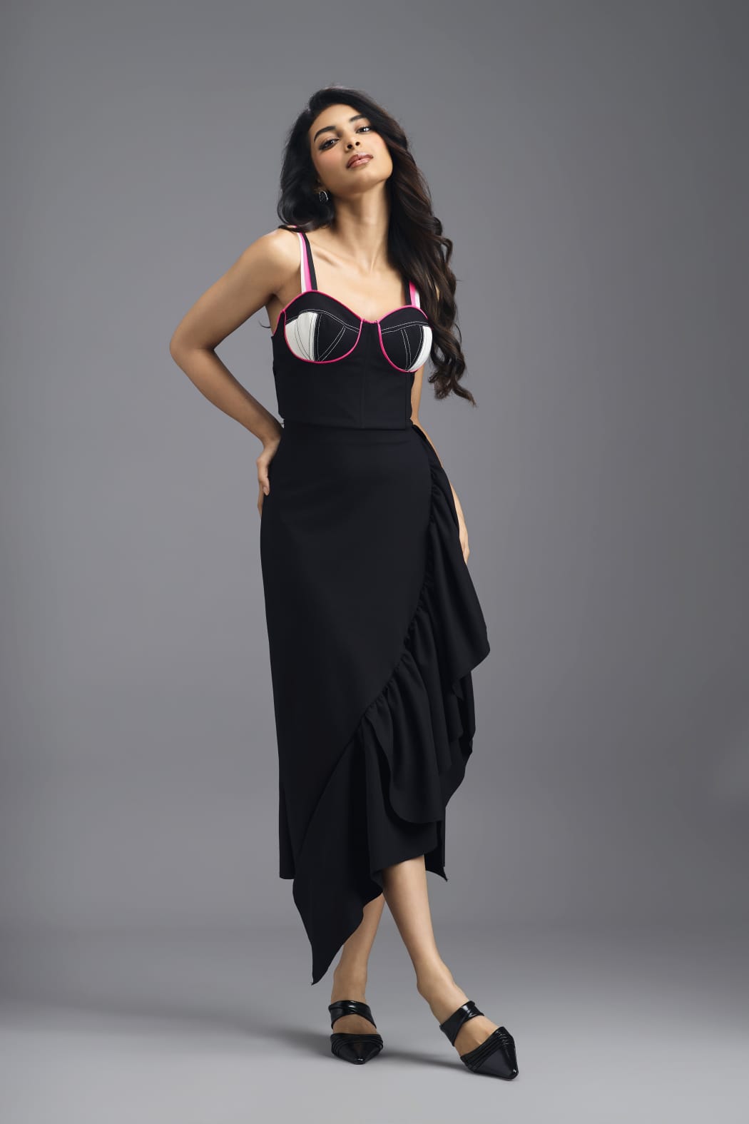 BLACK CORSET TOP WITH NEON PINK PIPING AND CONTRAST PANEL DETAIL