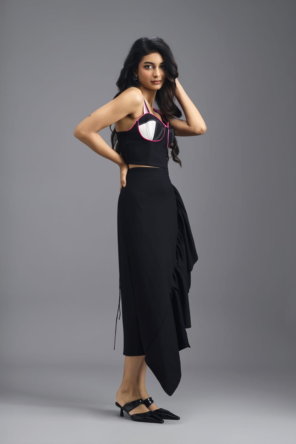 BLACK CORSET TOP WITH NEON PINK PIPING AND CONTRAST PANEL DETAIL