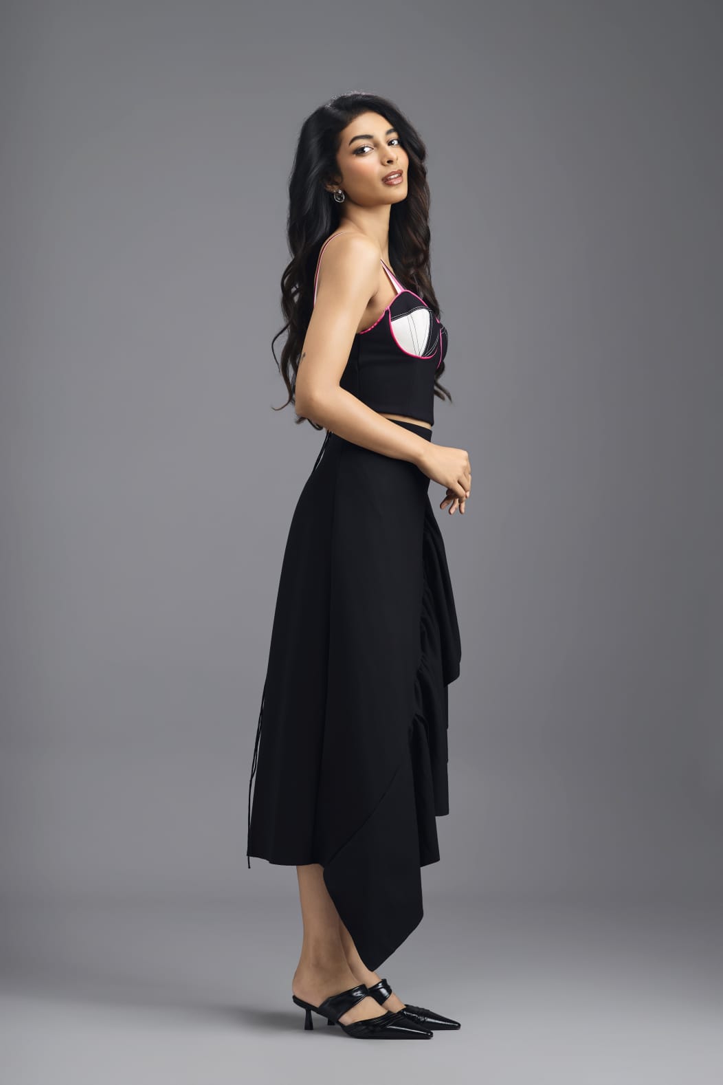 BLACK CORSET TOP WITH NEON PINK PIPING AND CONTRAST PANEL DETAIL
