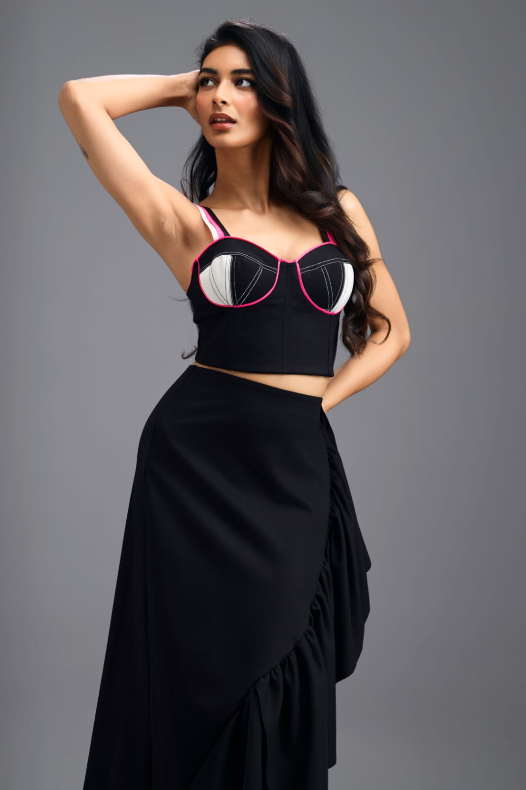 BLACK CORSET TOP WITH NEON PINK PIPING AND CONTRAST PANEL DETAIL