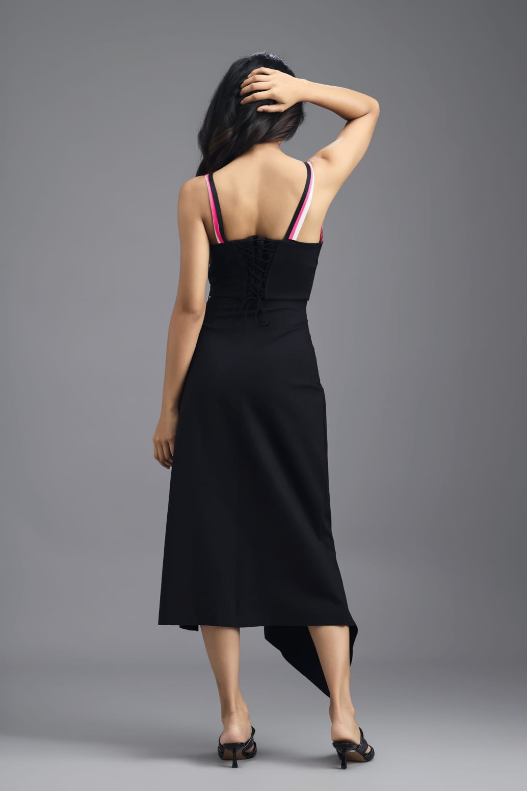BLACK CO-ORD SET WITH NEON PIPED CORSET TOP AND ASYMMETRIC RUFFLE SKIRT