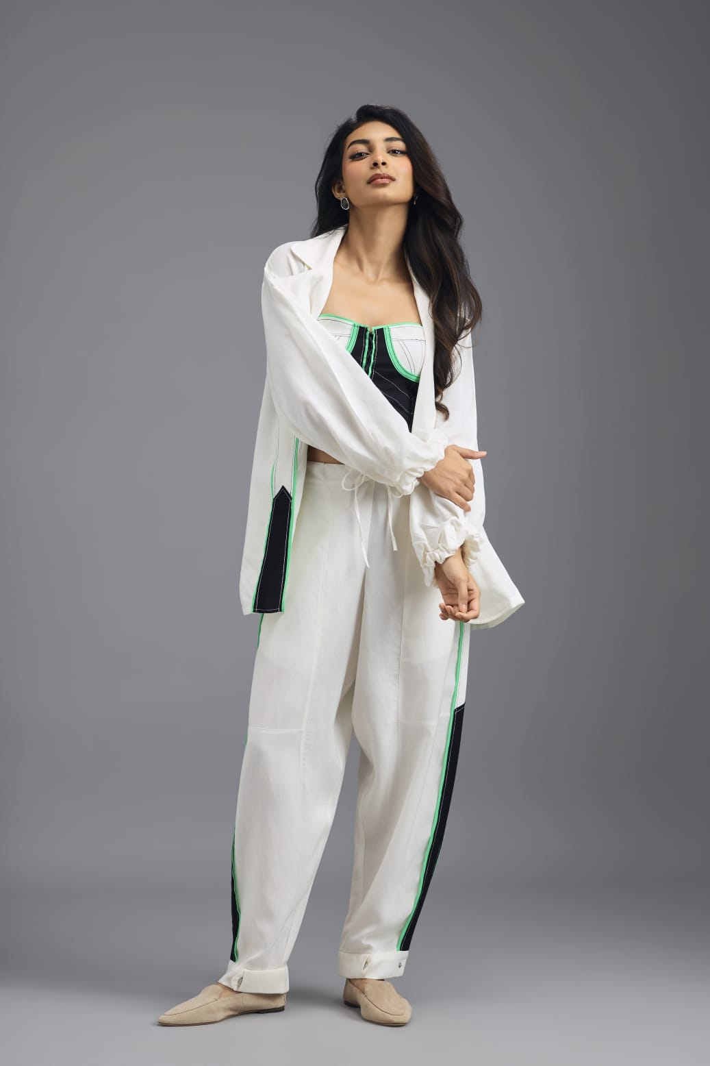 WHITE TAILORED PANTS WITH NEON CONTRAST SIDE STRIPE