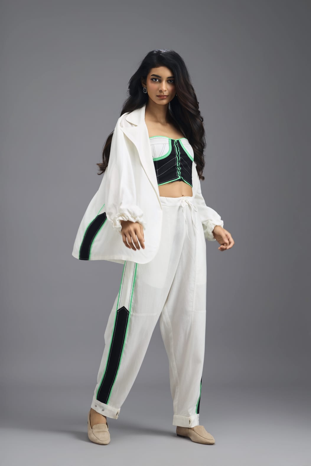 WHITE TAILORED PANTS WITH NEON CONTRAST SIDE STRIPE