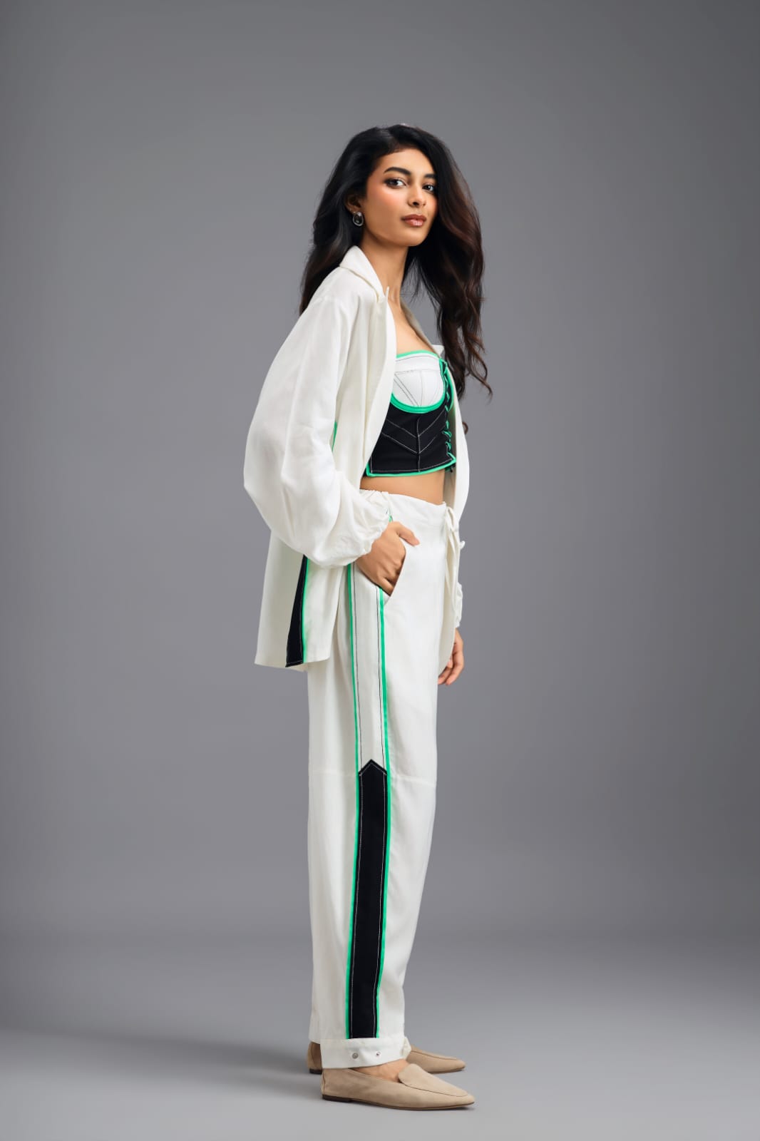 WHITE TAILORED PANTS WITH NEON CONTRAST SIDE STRIPE