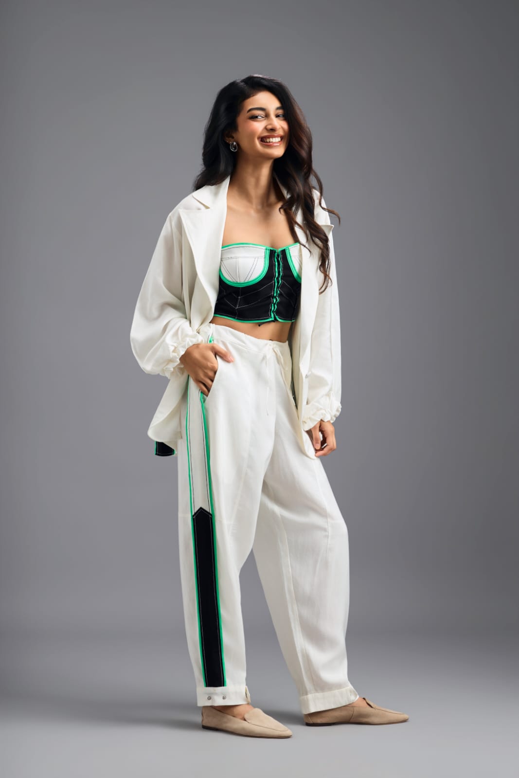 WHITE TAILORED PANTS WITH NEON CONTRAST SIDE STRIPE