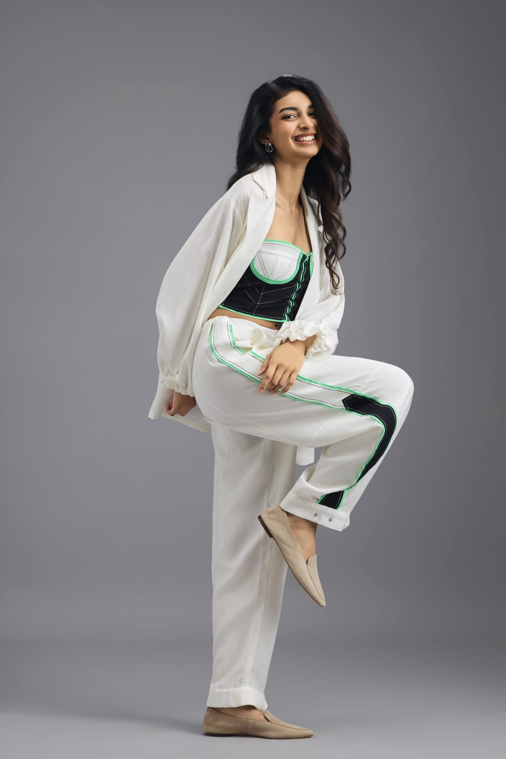 WHITE TAILORED PANTS WITH NEON CONTRAST SIDE STRIPE