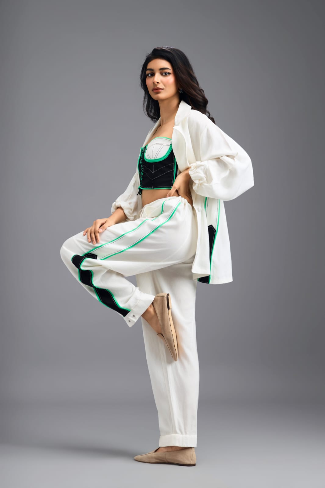 WHITE TAILORED PANTS WITH NEON CONTRAST SIDE STRIPE
