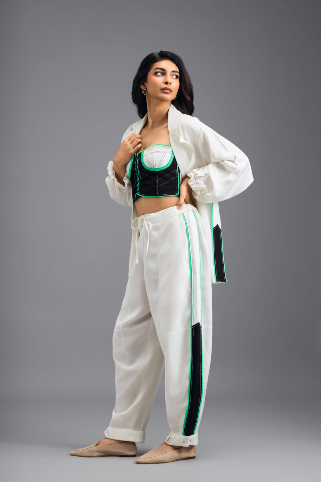 WHITE TAILORED PANTS WITH NEON CONTRAST SIDE STRIPE