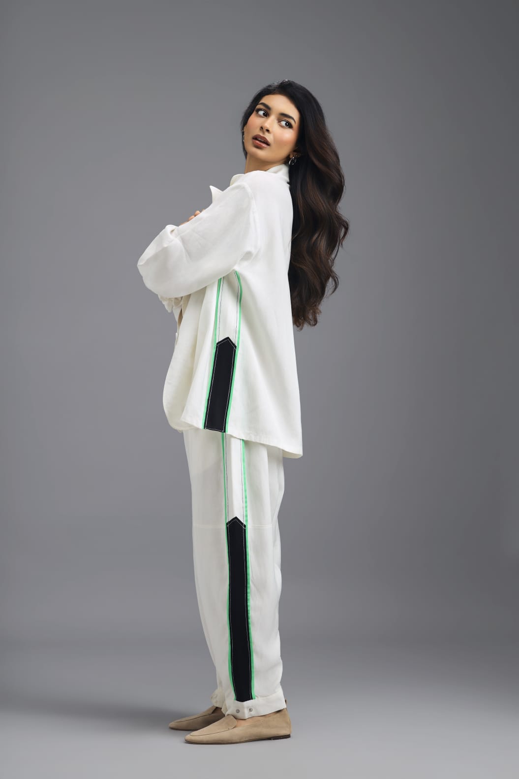 WHITE TAILORED PANTS WITH NEON CONTRAST SIDE STRIPE